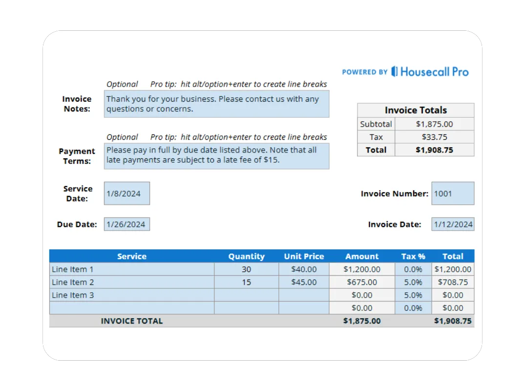 Pest control invoice template showing subtotal, tax, and total for extermination services powered by Housecall Pro.