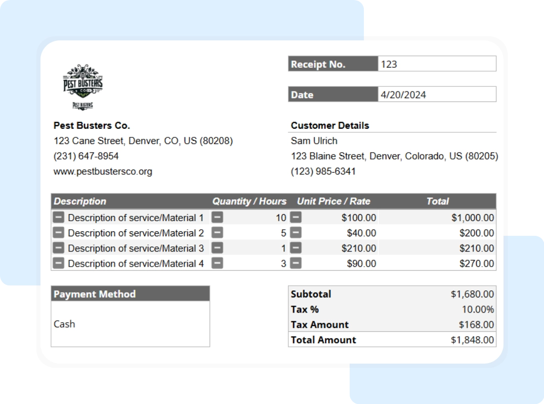 tab showing the printable summary of the pest control receipt template