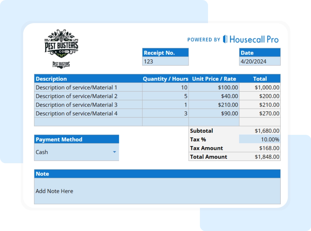 tab showing the receipt details including receipt #, date, description, quantity, unit price and the automated calculated total amount