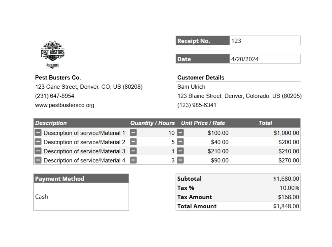 pest control receipt template summary cta