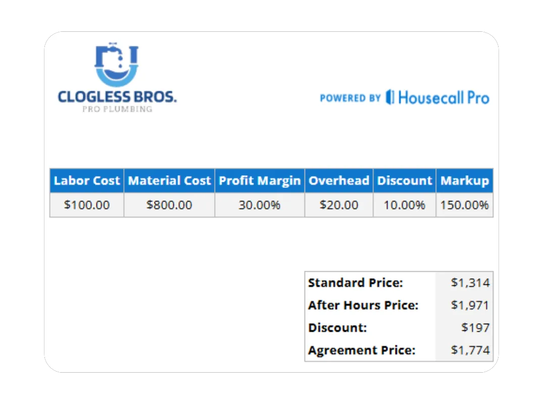 Flat rate plumbing pricing chart showing job category, cost breakdown, and final price powered by Housecall Pro.