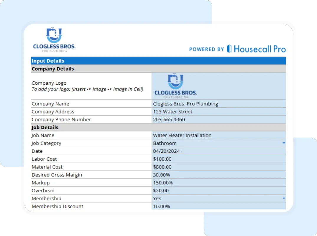 Editable plumbing pricing calculator with labor cost, material cost, and overhead breakdown for contractors.