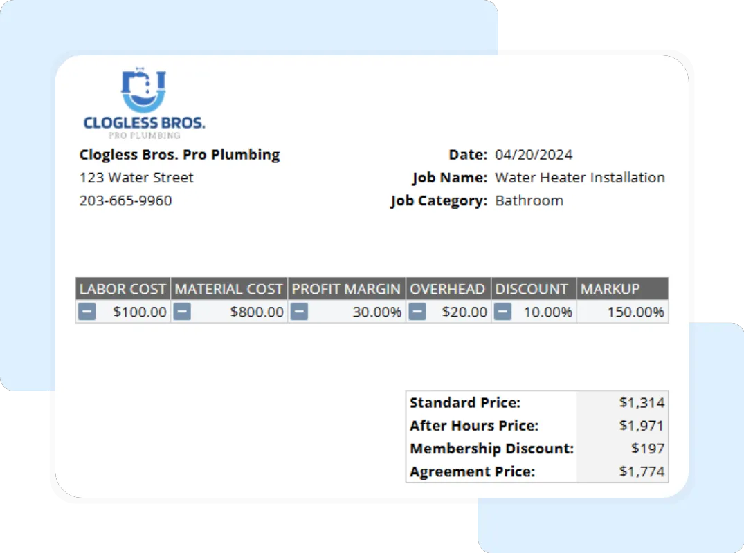 Detailed plumbing flat rate pricing template including material cost, markup, and after-hours pricing example.