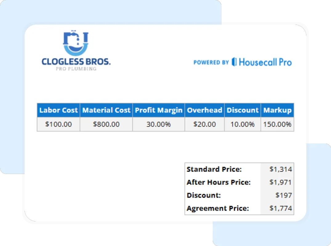 Plumbing flat rate pricing sheet displaying profit margin, discount, and final agreement price.