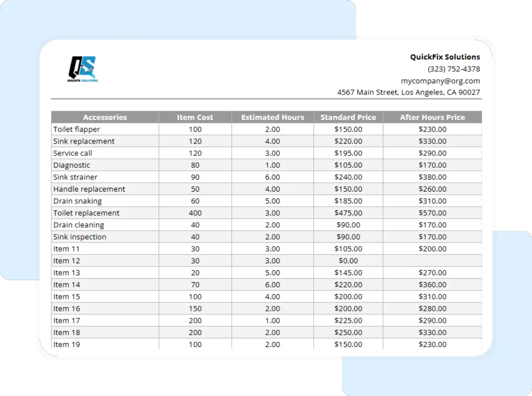 A printable price book template output showing a branded service list with calculated flat rates, designed to present professional pricing to customers.