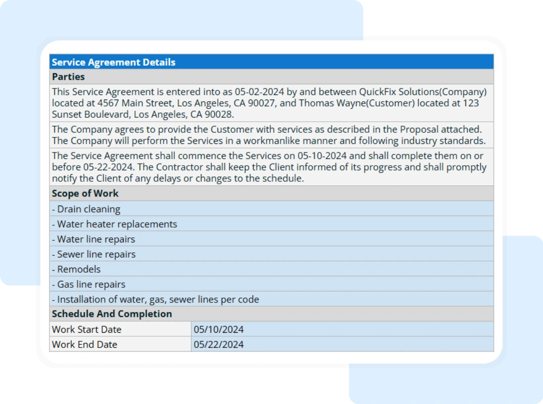 key benefits tab, showing input fields for parties, scope of work, and schedule and completion
