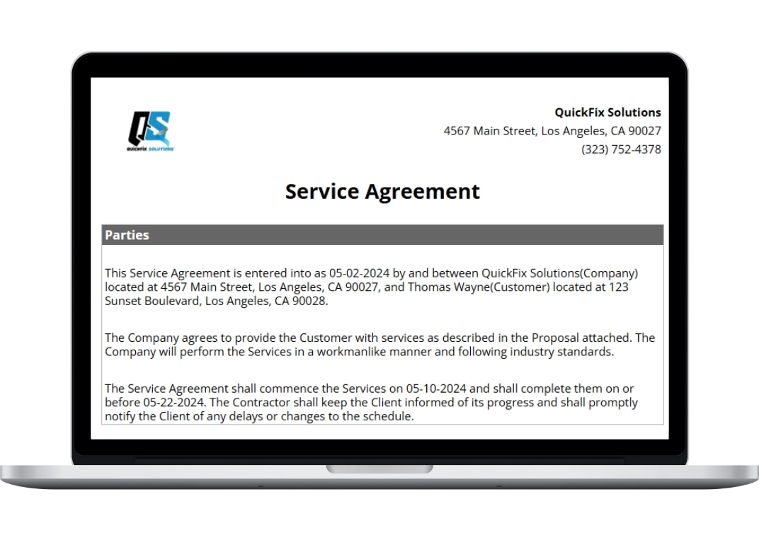 small business service agreement template, showing the company and service details