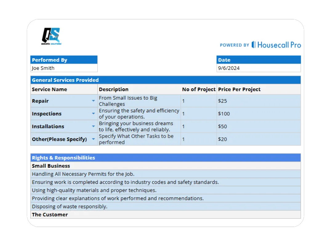 Example of a field service terms and conditions form defining service scope, pricing, and customer agreements powered by Housecall Pro.