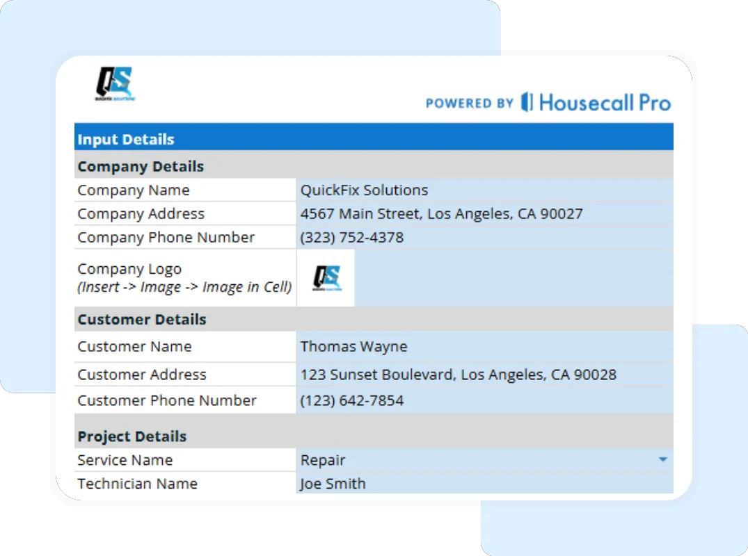 Editable field service terms and conditions form including company, customer, and project details.