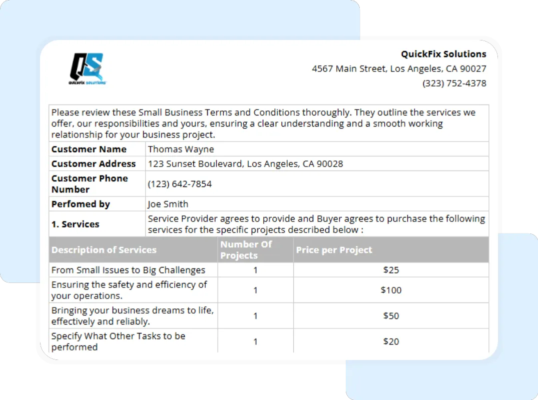 Detailed field service terms and conditions template with service descriptions, project count, and pricing fields.