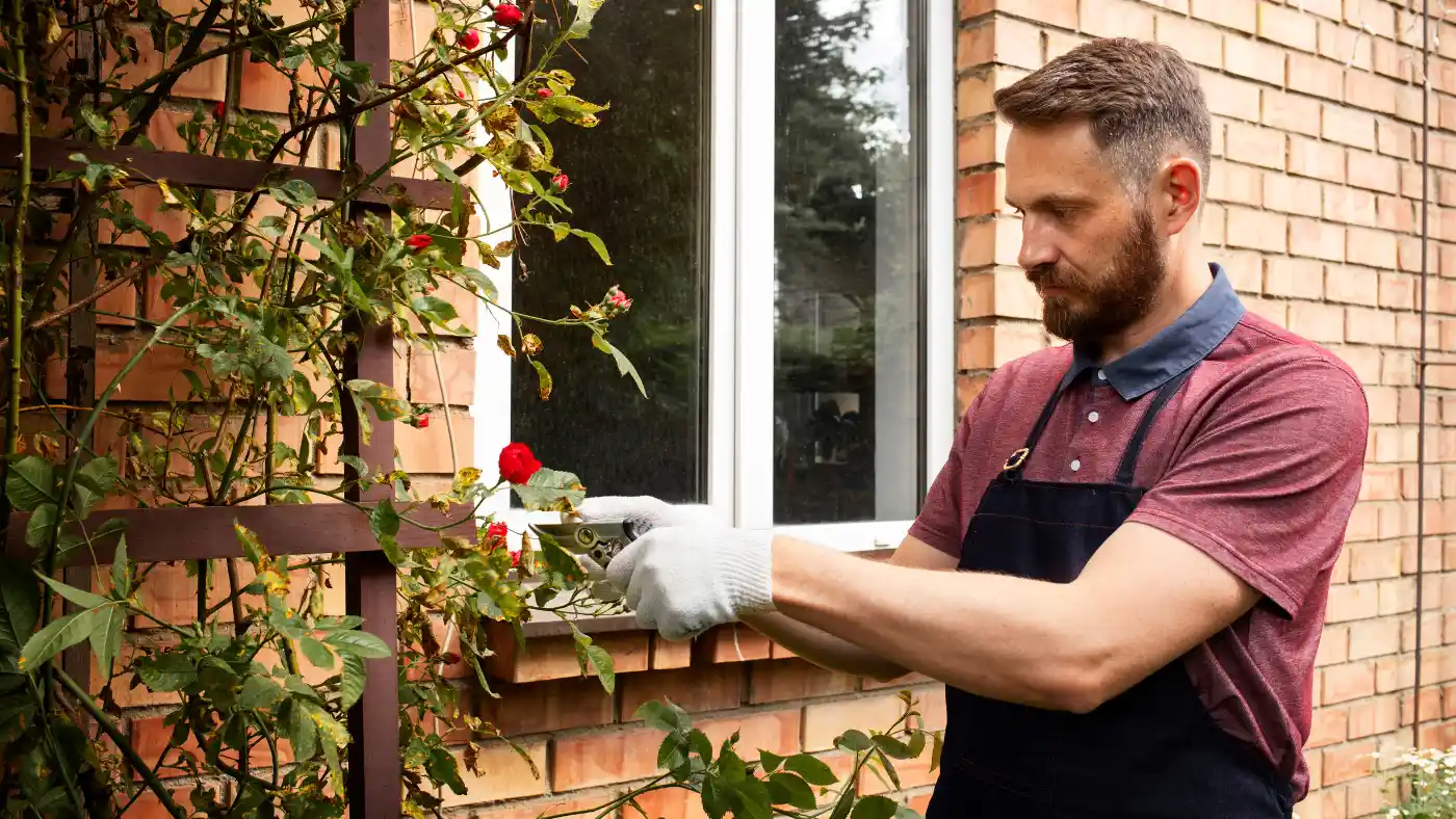 Professional gardener trimming rose bushes outside a home, representing field service work managed through Housecall Pro.