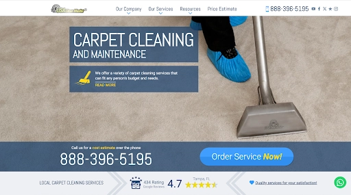 Carpet cleaning technician using a professional steam cleaner on a carpet in a promotional image for USA Clean Master.