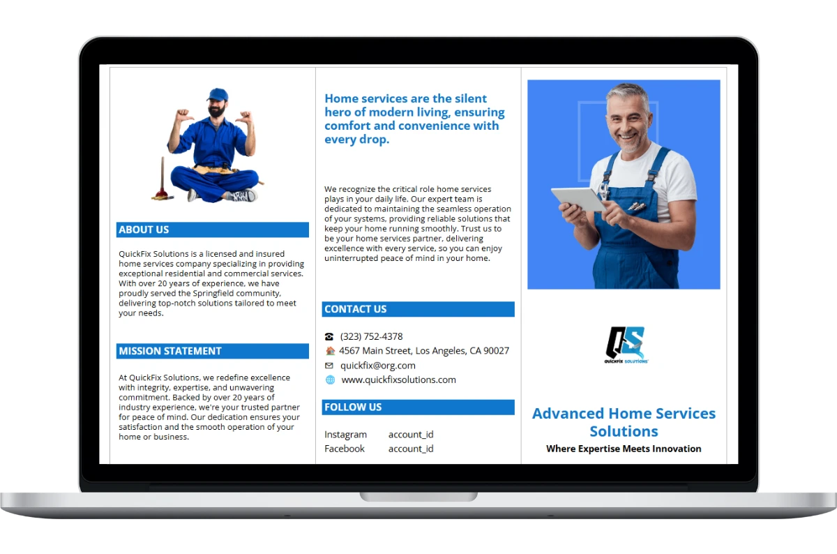 printable summary of the template includes details like about us, mission statement, contact info, following info and more