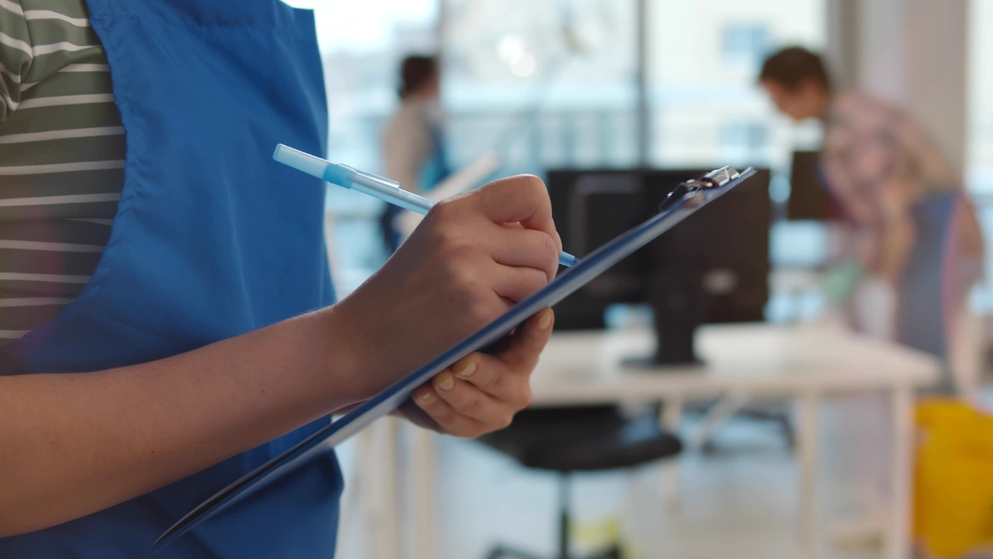 Professional cleaning service using a detailed checklist to ensure consistent, high-quality commercial cleaning.