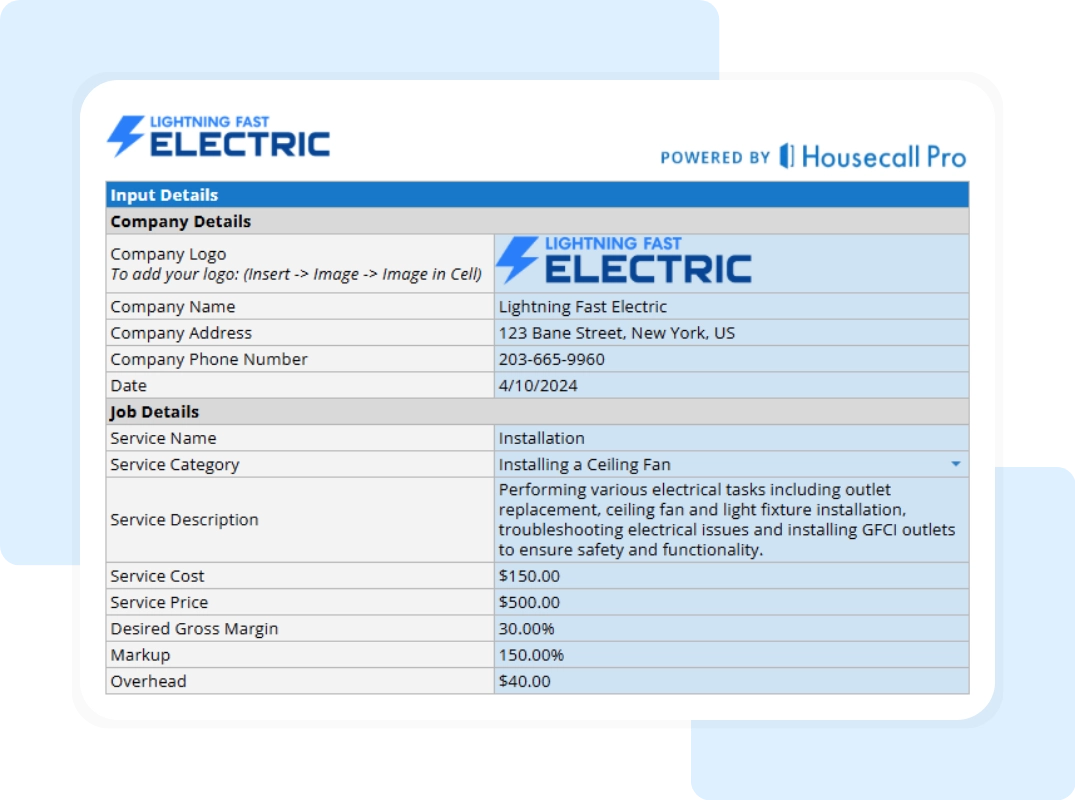 Electrical flat rate pricing template with company and job details.