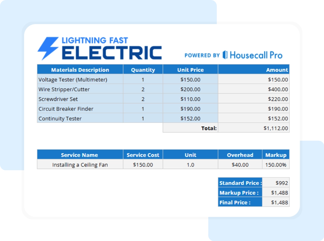 material invoicing and service details in electrical flat rate pricing template