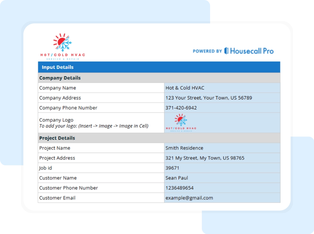 HVAC test and balance report template with company and inspection project fields.