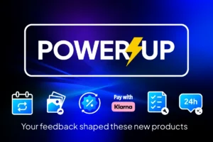 Power Up campaign highlighting new product features like financing with Klarna, job management tools, and faster service.