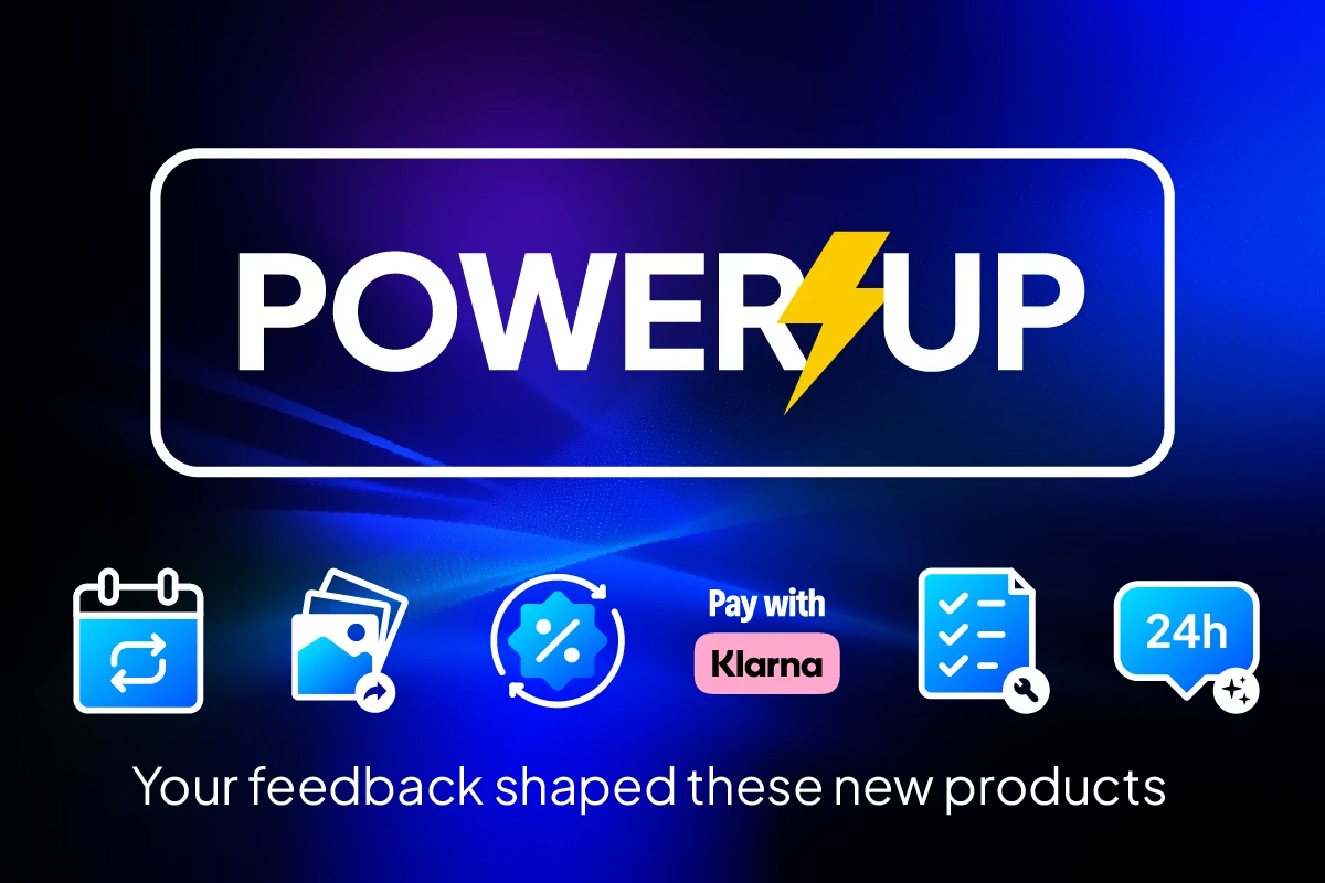 Power Up campaign highlighting new product features like financing with Klarna, job management tools, and faster service.