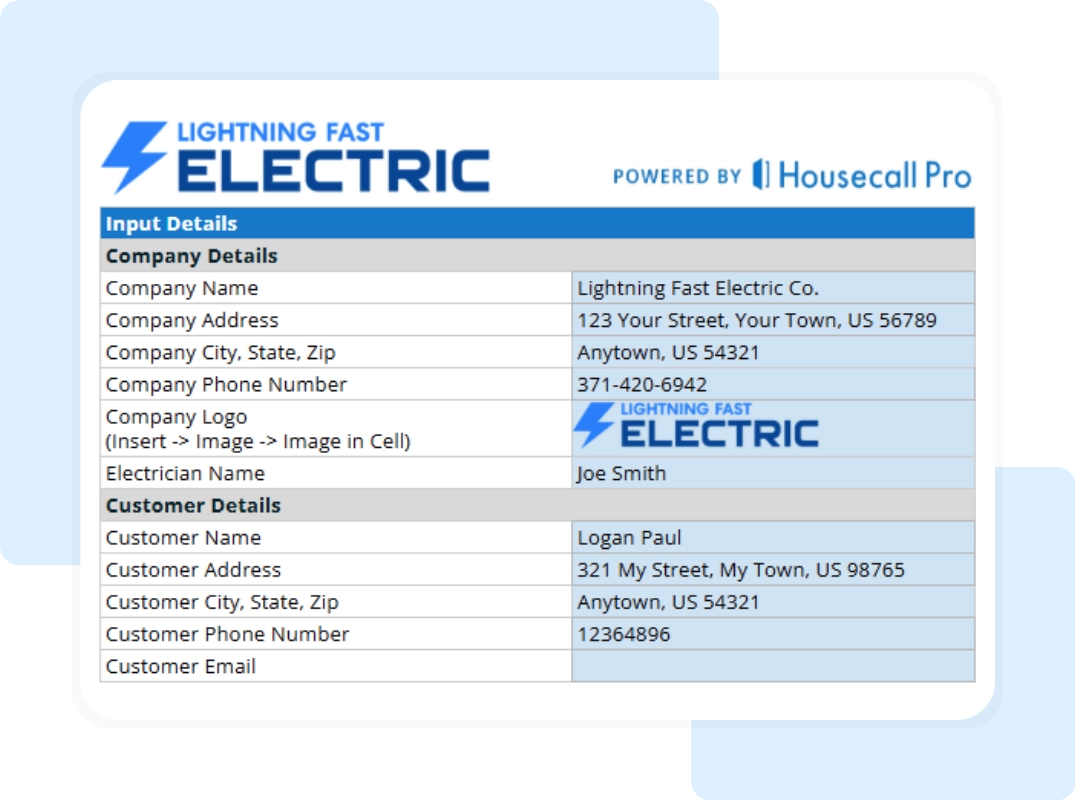 Company And Customer Information for electrical invoice template