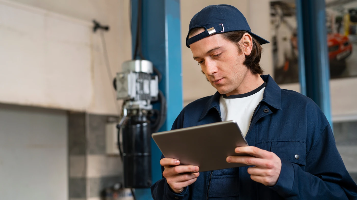 Contractor reviewing job leads on tablet in service garage