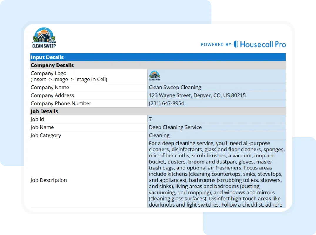 input details of home cleaning price list template