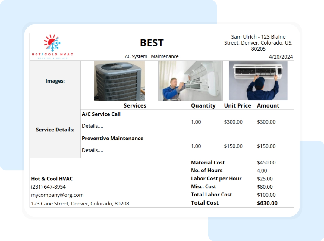 hvac bid template showing printable summary