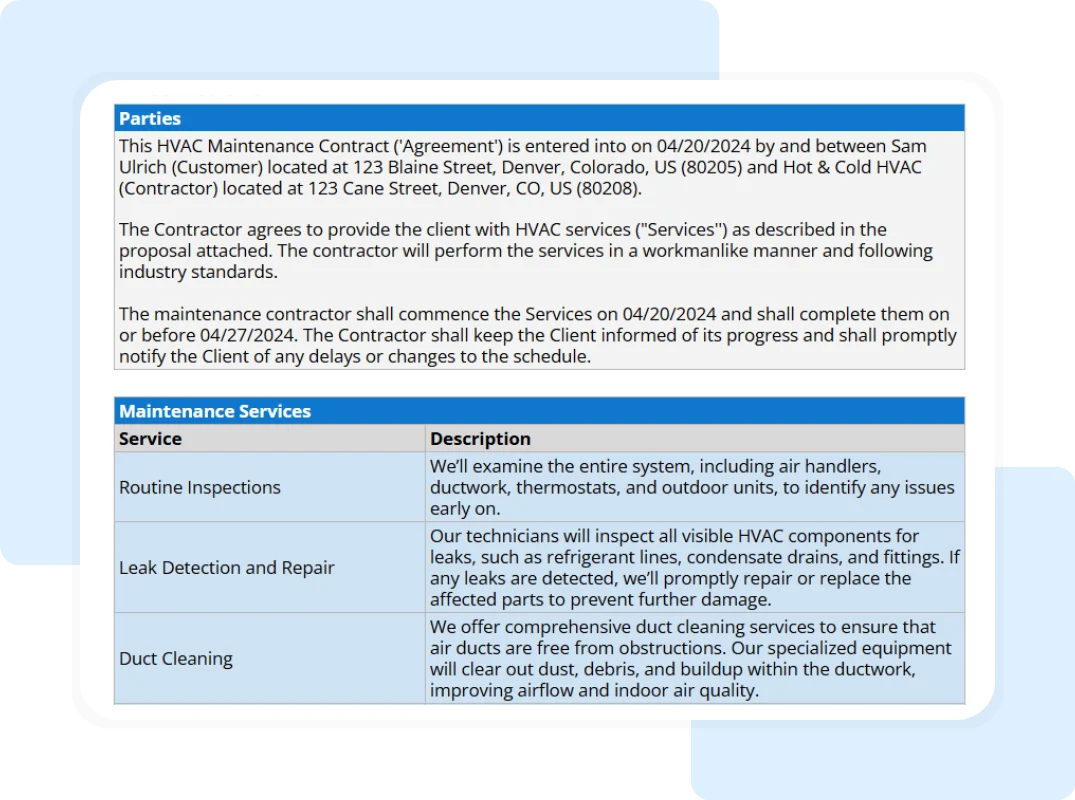 input contract details such as parties , maintenance services etc of hvac maintenance contract template