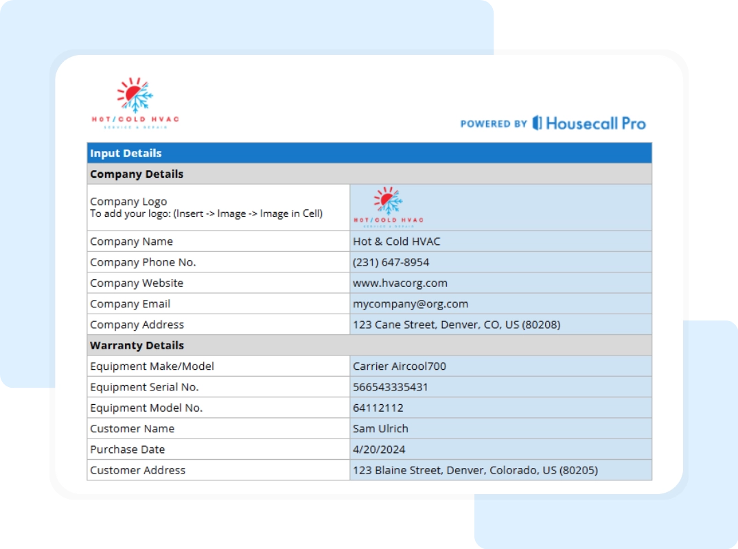 hvac warranty certificate template includes company and warranty details