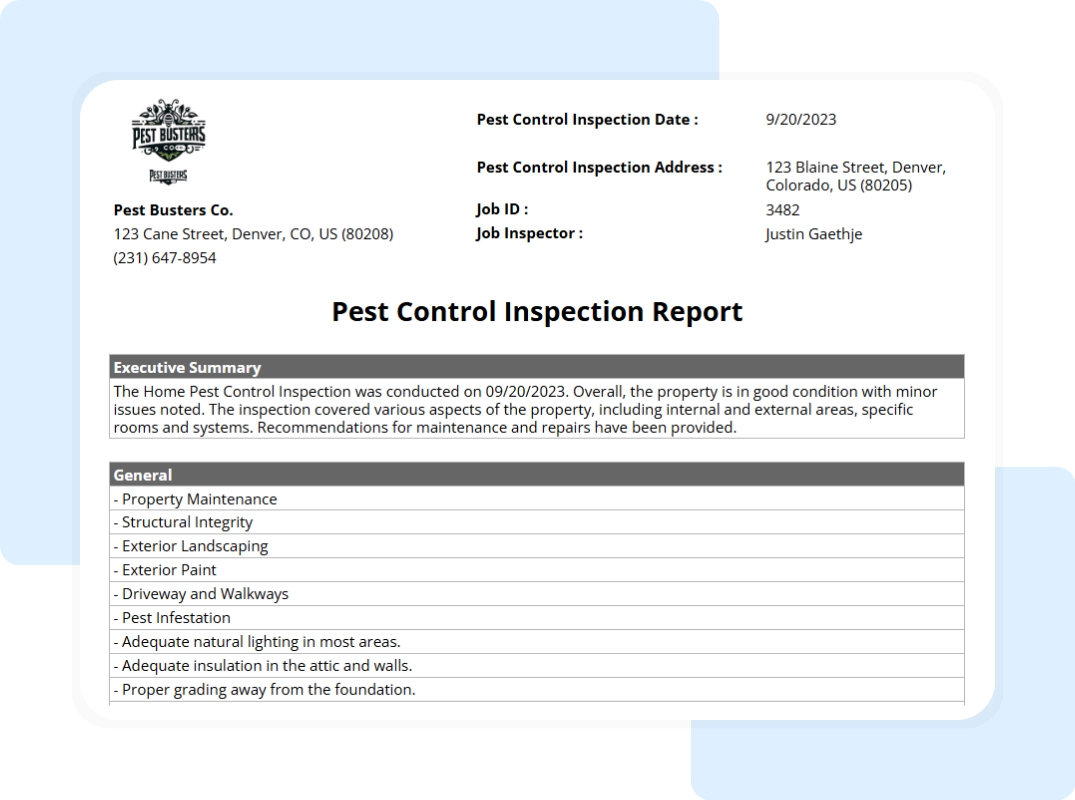 pest control inspection report template showing the printable summary report