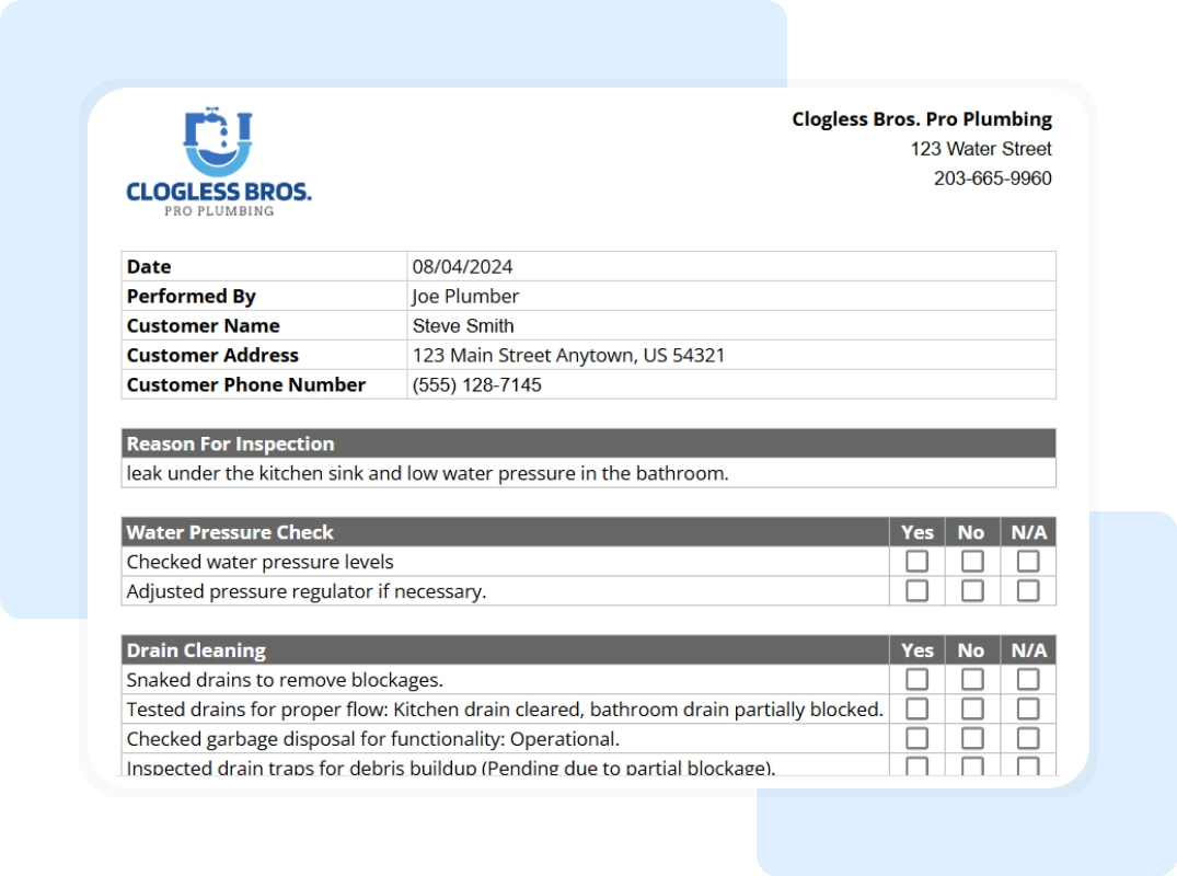 plumbing checklist template showing printable summary