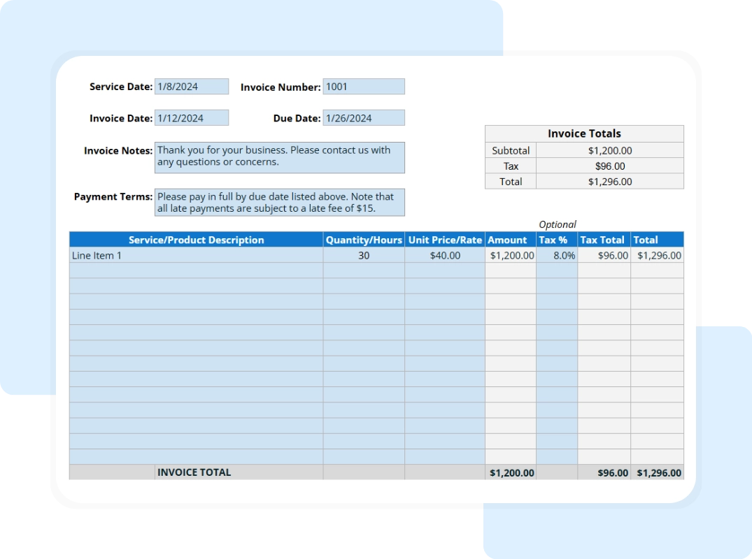 small business invoice template showing invoice details