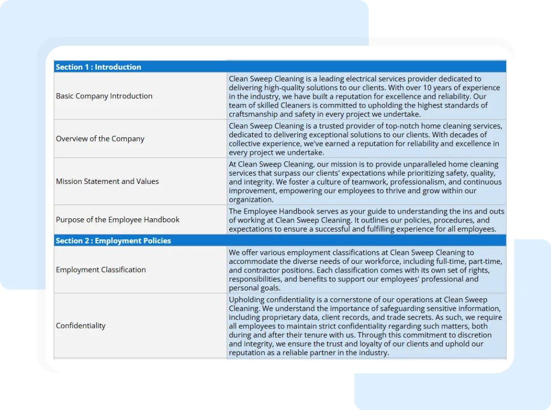 home cleaning employee handbook template showing the introduction, employment policies and etc.
