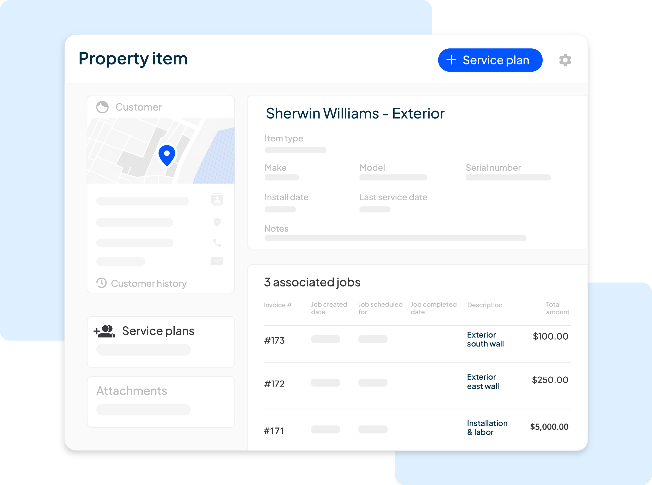 Property item details for Sherwin Williams exterior paint job with associated job history and service plans