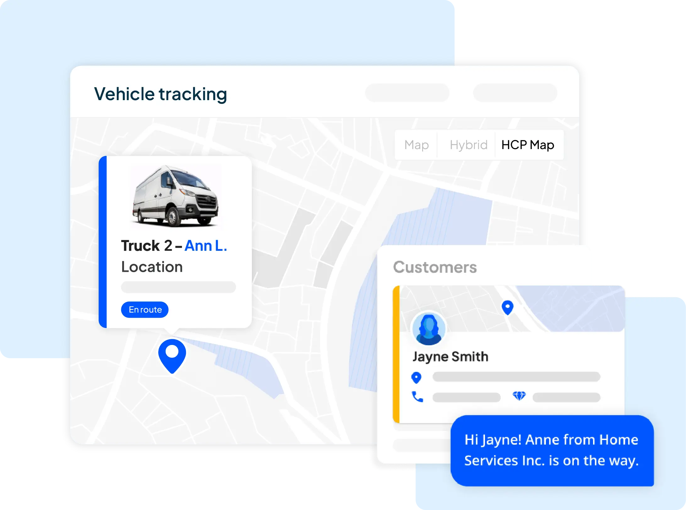Vehicle tracking map with truck location, customer details, and on-the-way text update.