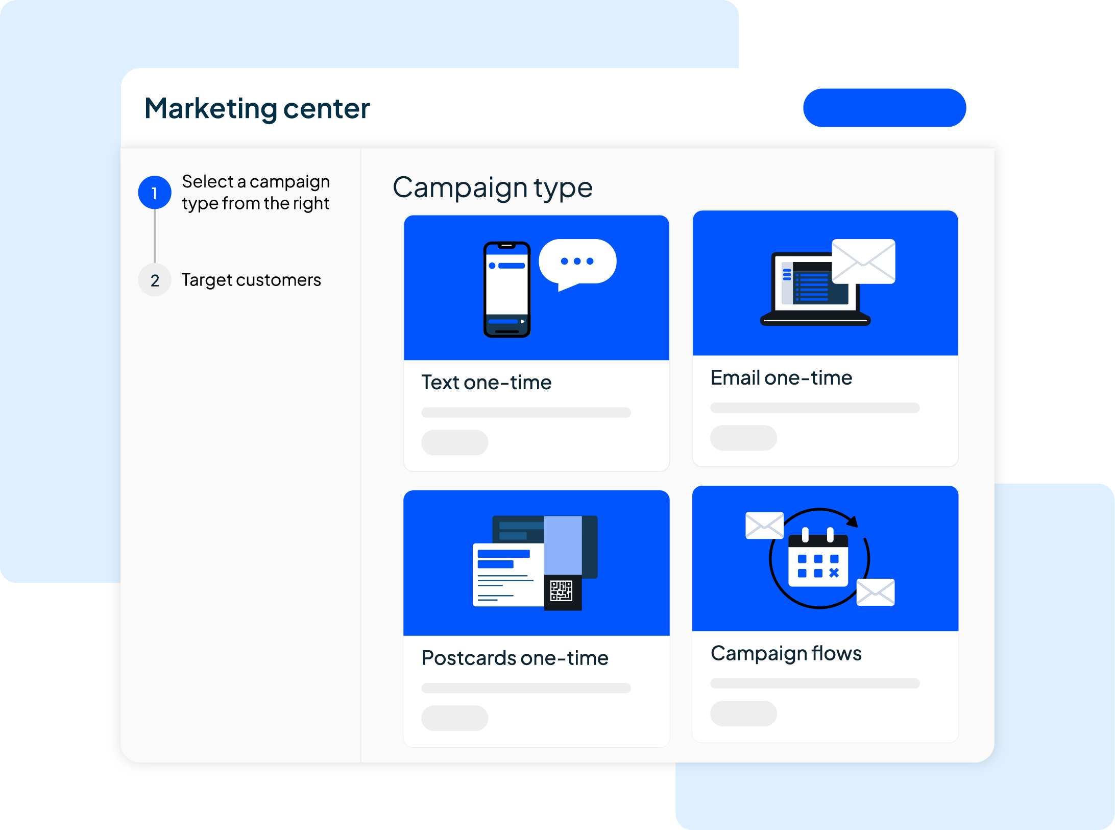 Marketing center showing text, email, postcard, and automated campaign flow options for air duct cleaners