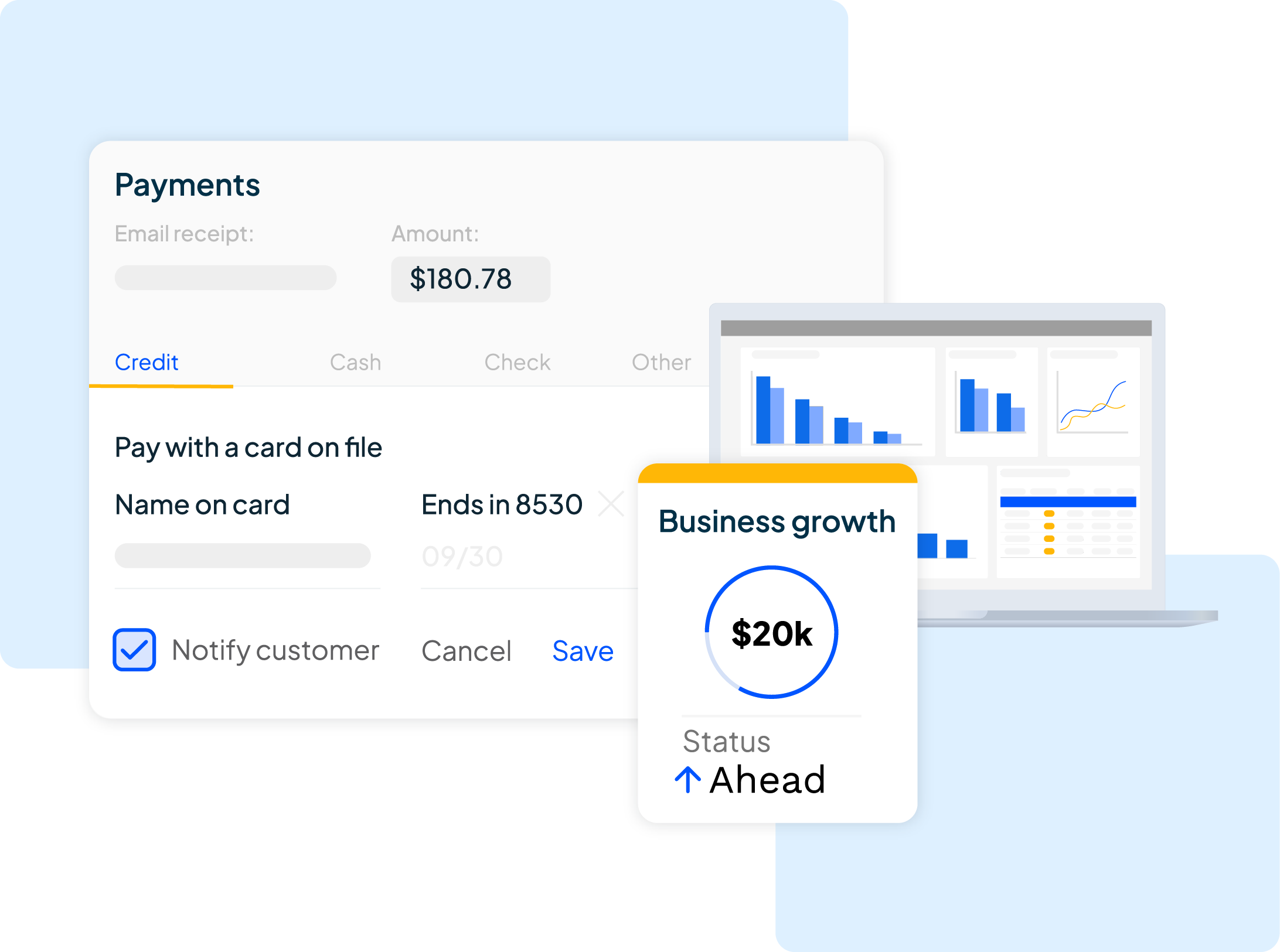 Credit card payment processing screen with business growth dashboard for air duct cleaning company