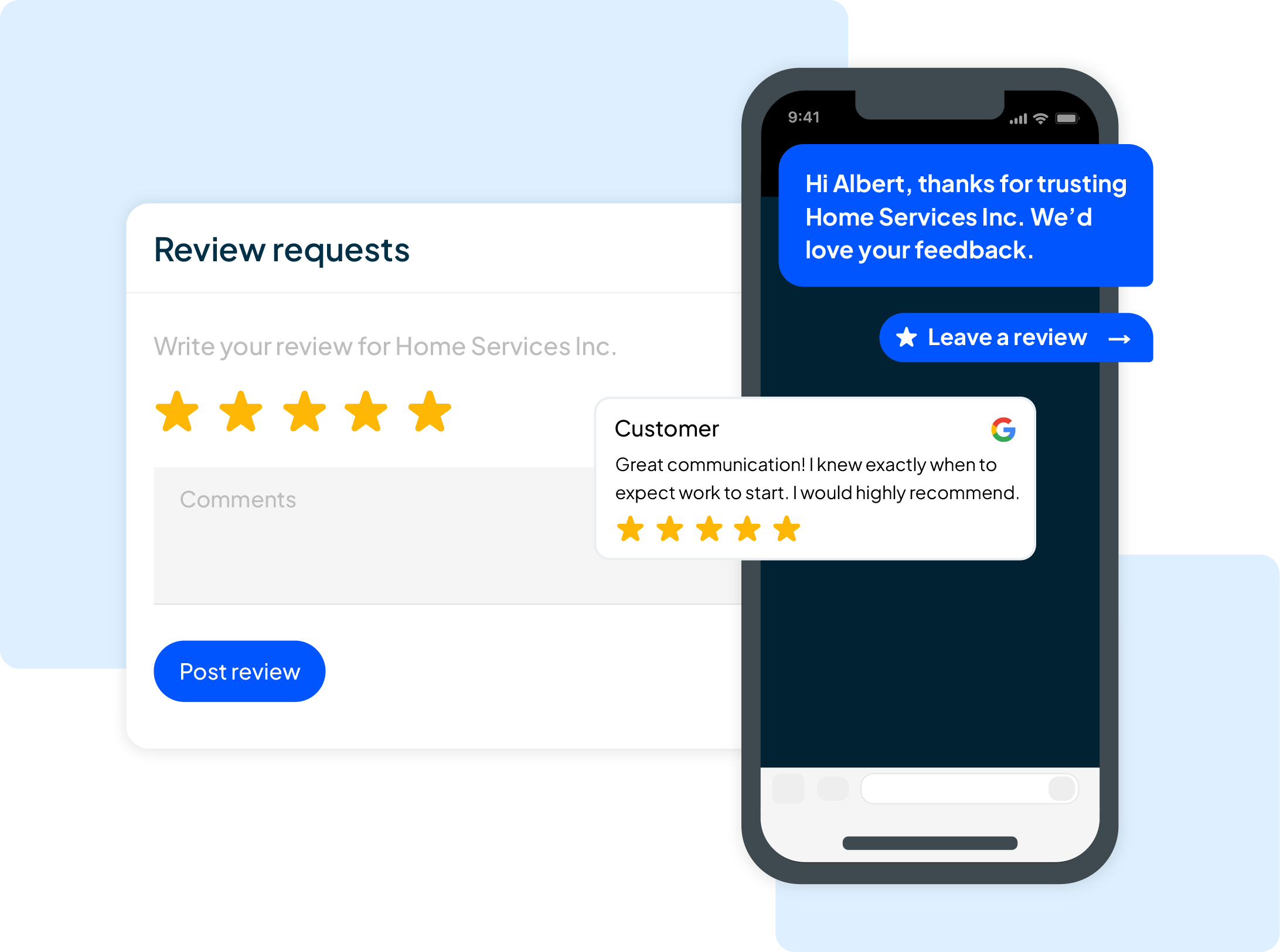 Automated review request text message and 5-star Google review form for air duct cleaning company