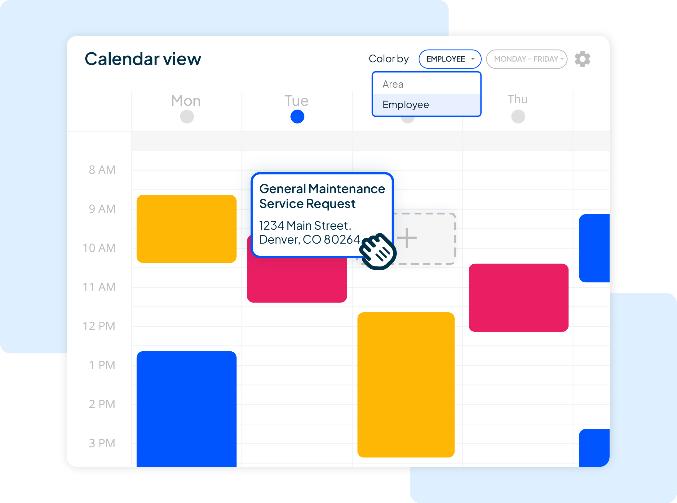 Weekly calendar scheduling view with drag-and-drop maintenance service request appointments for air duct technicians