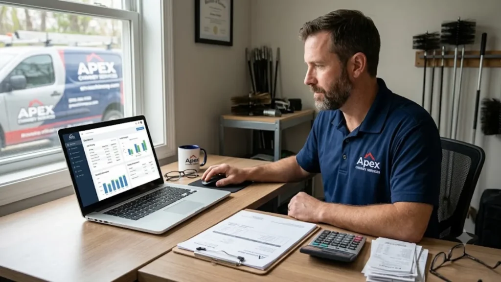 Chimney sweep business owner reviewing job pricing and profit margins