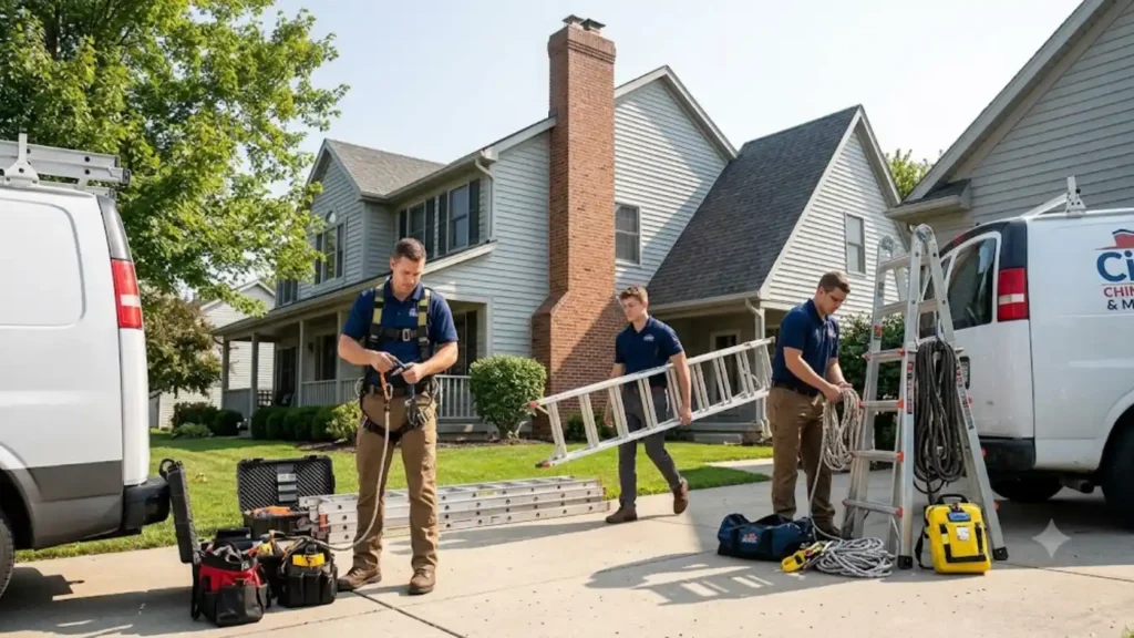 Chimney sweep crew preparing roof access and safety equipment for a job