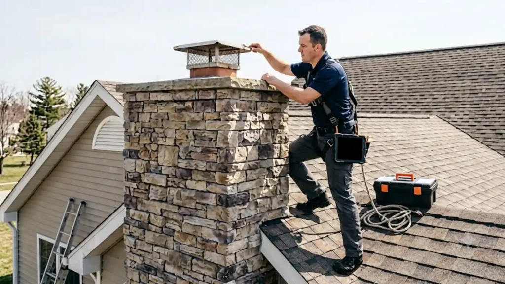 Chimney sweep technician inspecting a chimney before pricing add-on services