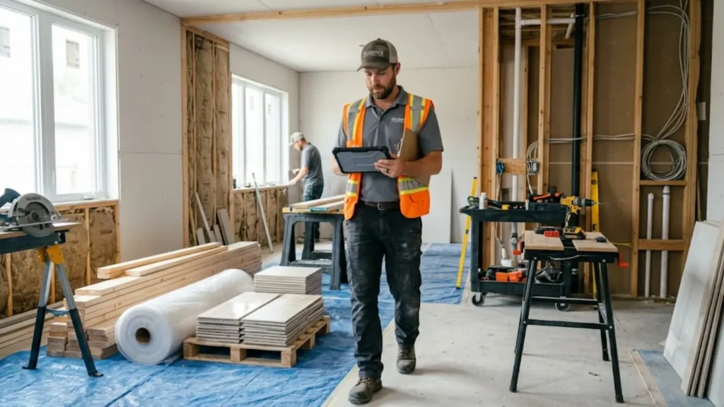 Contractor reviewing remodeling jobsite costs and project scope