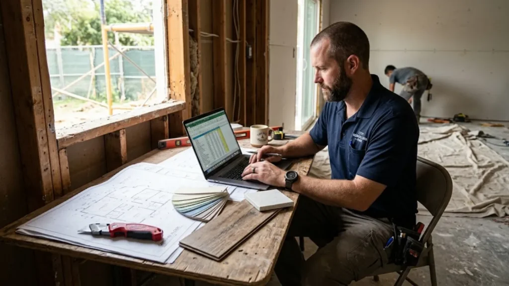 Remodeling business owner reviewing job pricing and profit margins