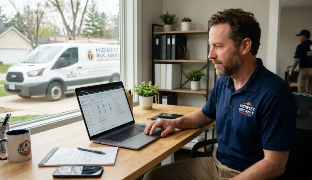 - Housecall Pro Pest control business owner reviewing local SEO listings and Google Business Profile