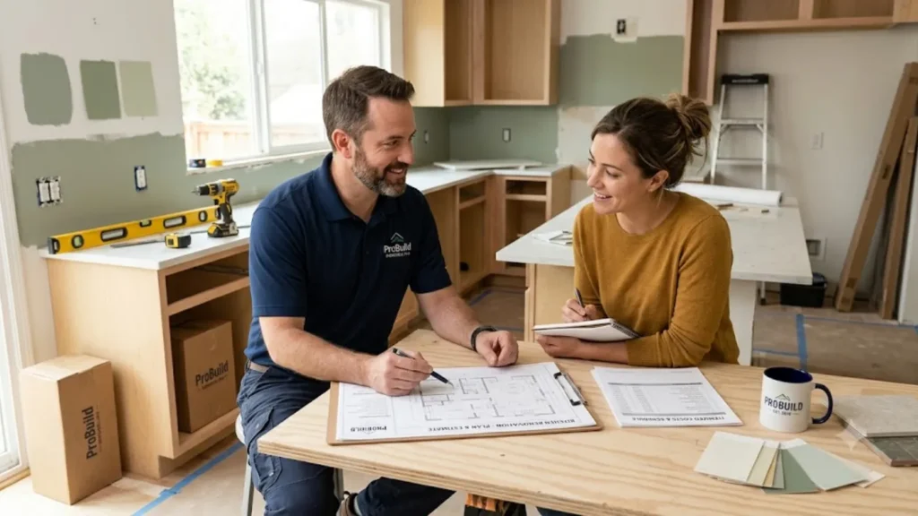 Remodeling contractor reviewing home renovation pricing with a homeowner
