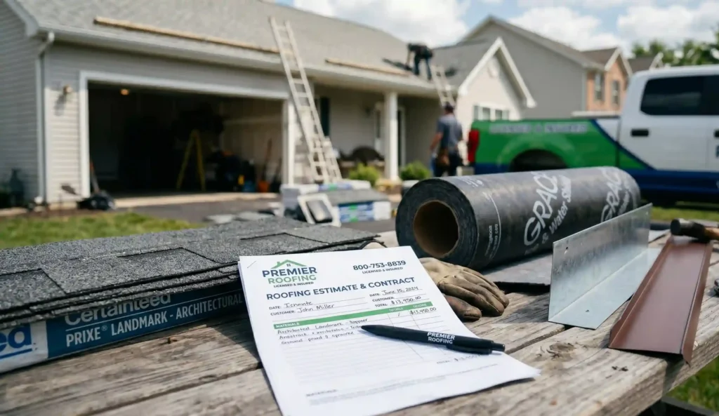 - Housecall Pro Roofing contract with shingle, underlayment, and flashing material details