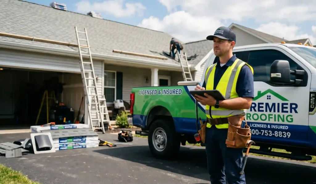 - Housecall Pro Roofing contractor reviewing contract details before a roof replacement project