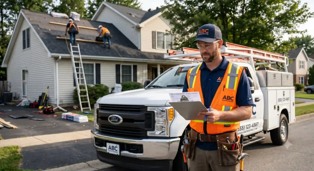 Roofing contractor reviewing invoice details at a residential jobsite