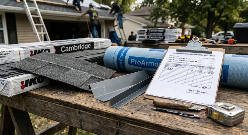 Roofing invoice with itemized labor, materials, and job details